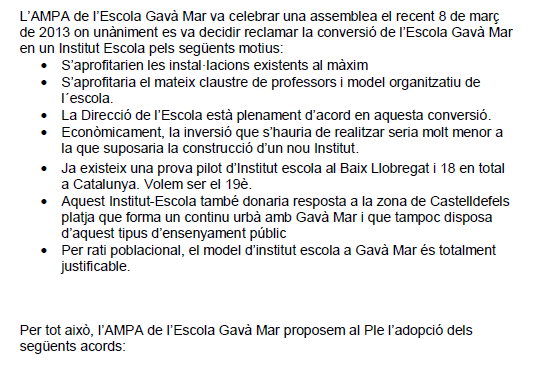 Declaraci�n pol�tica del Pleno del Ayuntamiento de Gav� para la conversi� de la Escuela Gav� Mar en un Instituto-Escuela (21 Marzo 2013)